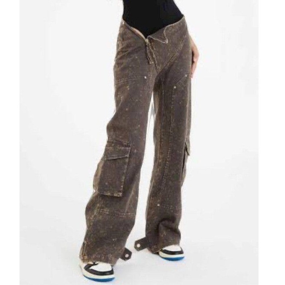 Ruve Cotton Denim Korl Distressed Wide Leg Cargo Pants Grey Brown Small